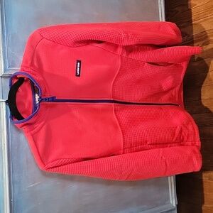 ladies lands end   zip up coat . orange and blue  size med